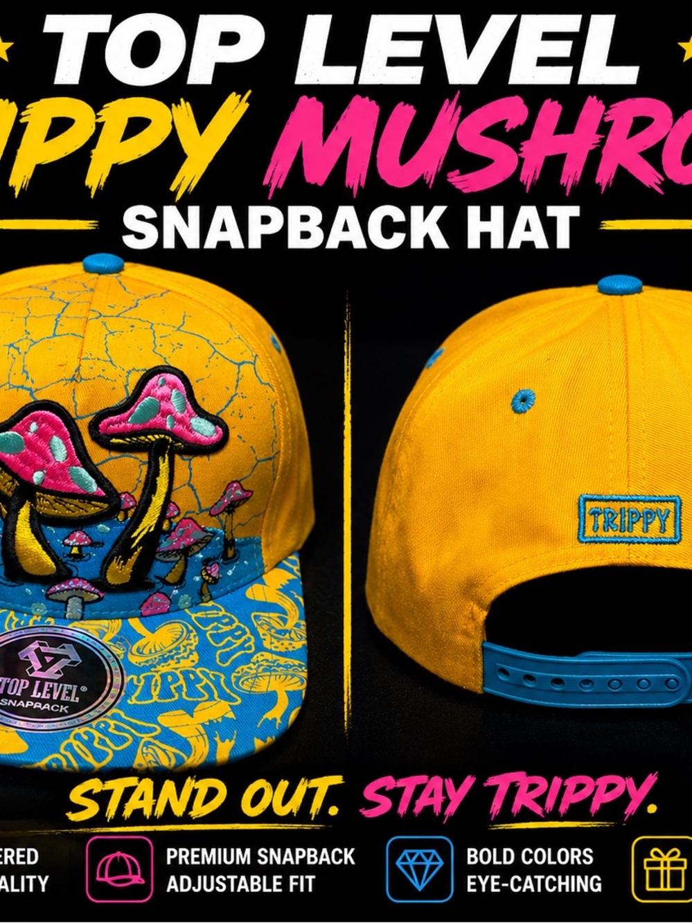 Tripp nyc Yellow & Blue Mushroom Snapback Hat